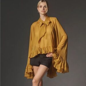 Let Me Be Sheer Tie-Neck Ruffle Blouse - Gold - New with Tags